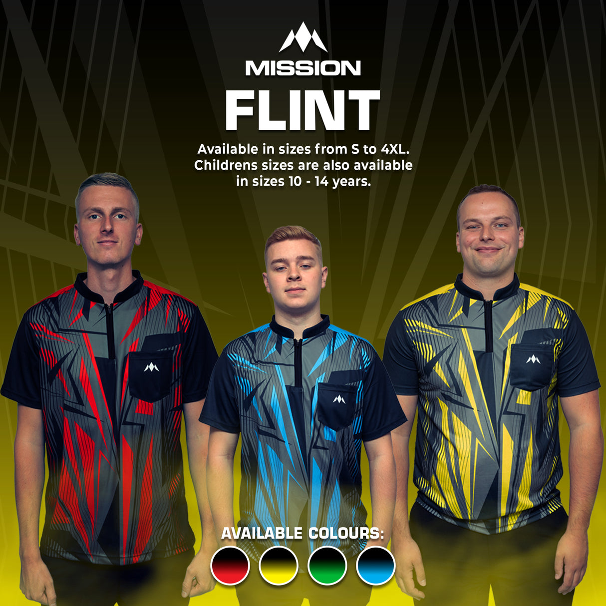 Mission Darts Flint Dart Shirt – Kragenlos – Leicht – Schwarz & Gelb – Jugendliche