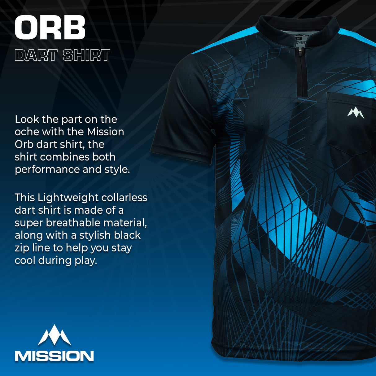 Mission Darts Orb Dart-Shirt – Kragenlos – Leicht – Schwarz & Blau – Jugendliche