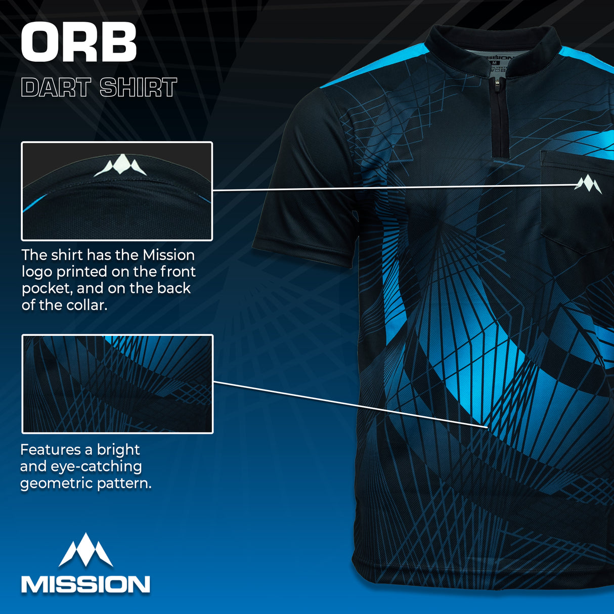 Mission Darts Orb Dart Shirt – Kragenlos – Leicht – Schwarz & Blau