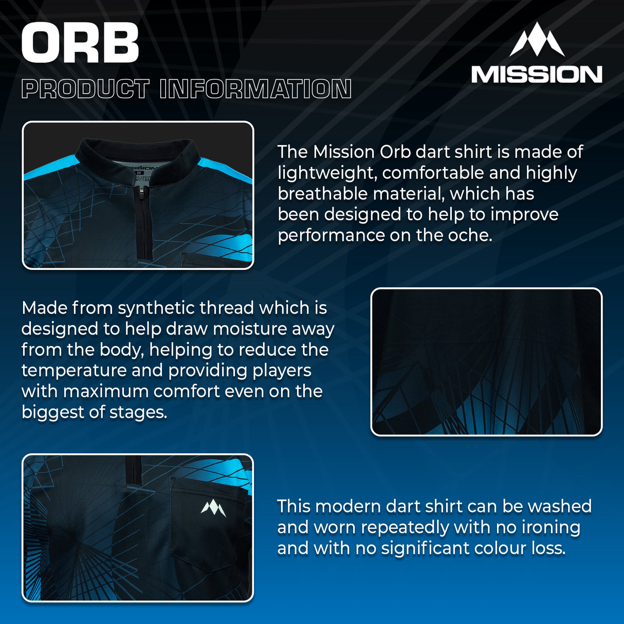 Mission Darts Orb Dart-Shirt – Kragenlos – Leicht – Schwarz & Blau – Jugendliche