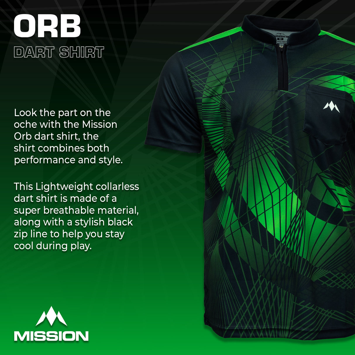 Mission Darts Orb Dart Shirt – Kragenlos – Leicht – Schwarz & Grün