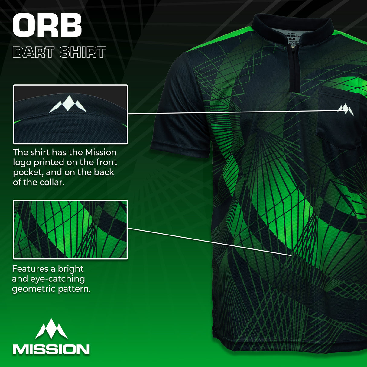 Mission Darts Orb Dart Shirt – Kragenlos – Leicht – Schwarz & Grün