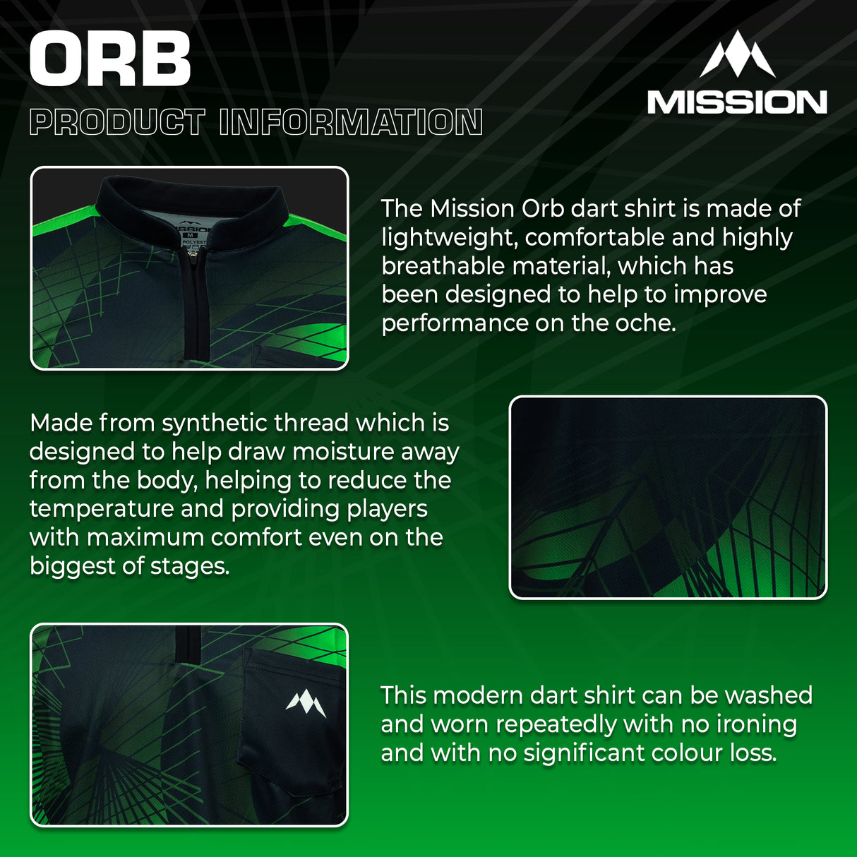 Mission Darts Orb Dart Shirt – Kragenlos – Leicht – Schwarz & Grün