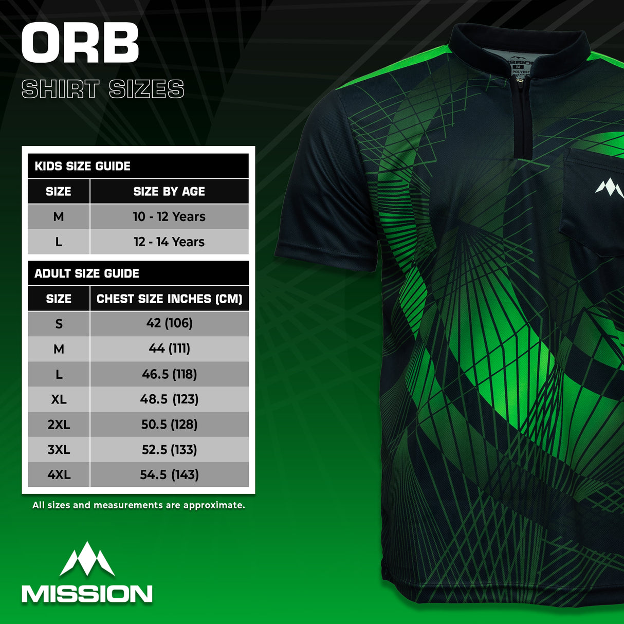Mission Darts Orb Dart Shirt – Kragenlos – Leicht – Schwarz & Grün