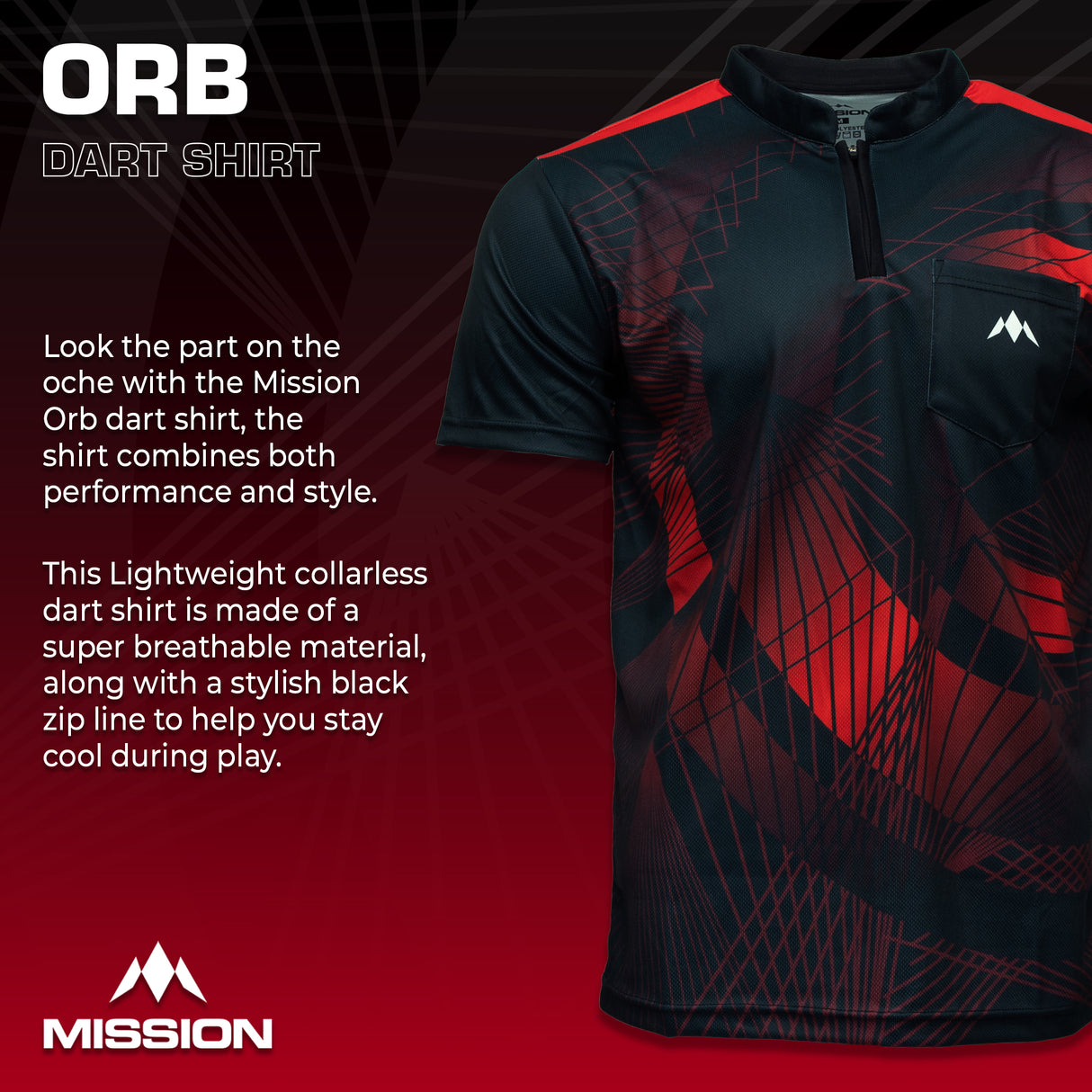 Mission Darts Orb Dart Shirt – Kragenlos – Leicht – Schwarz & Rot