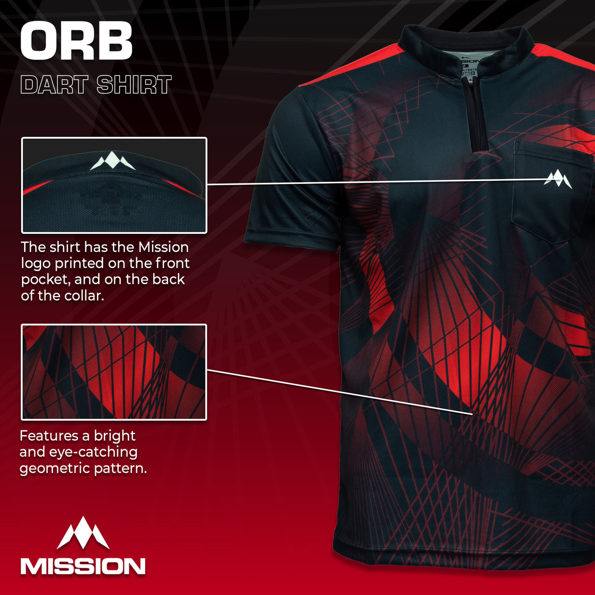 Mission Darts Orb Dart Shirt – Kragenlos – Leicht – Schwarz & Rot