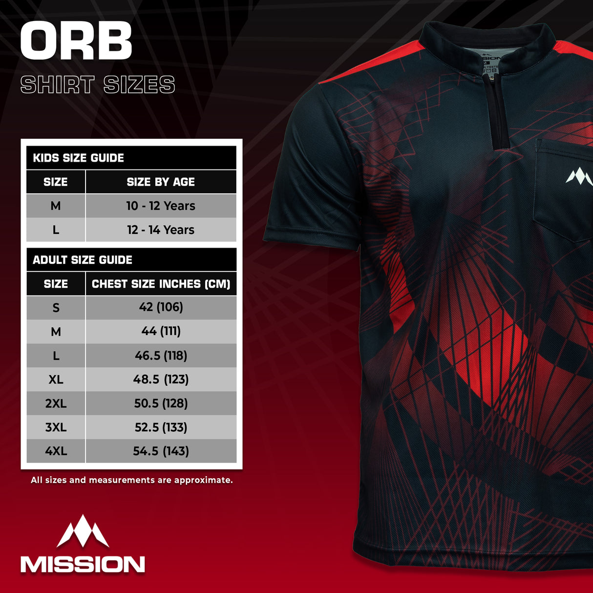Mission Darts Orb Dart Shirt – Kragenlos – Leicht – Schwarz & Rot