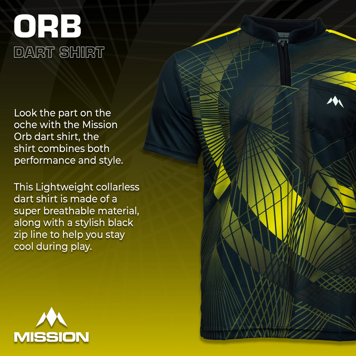 Mission Darts Orb Dart Shirt – Kragenlos – Leicht – Schwarz & Gelb
