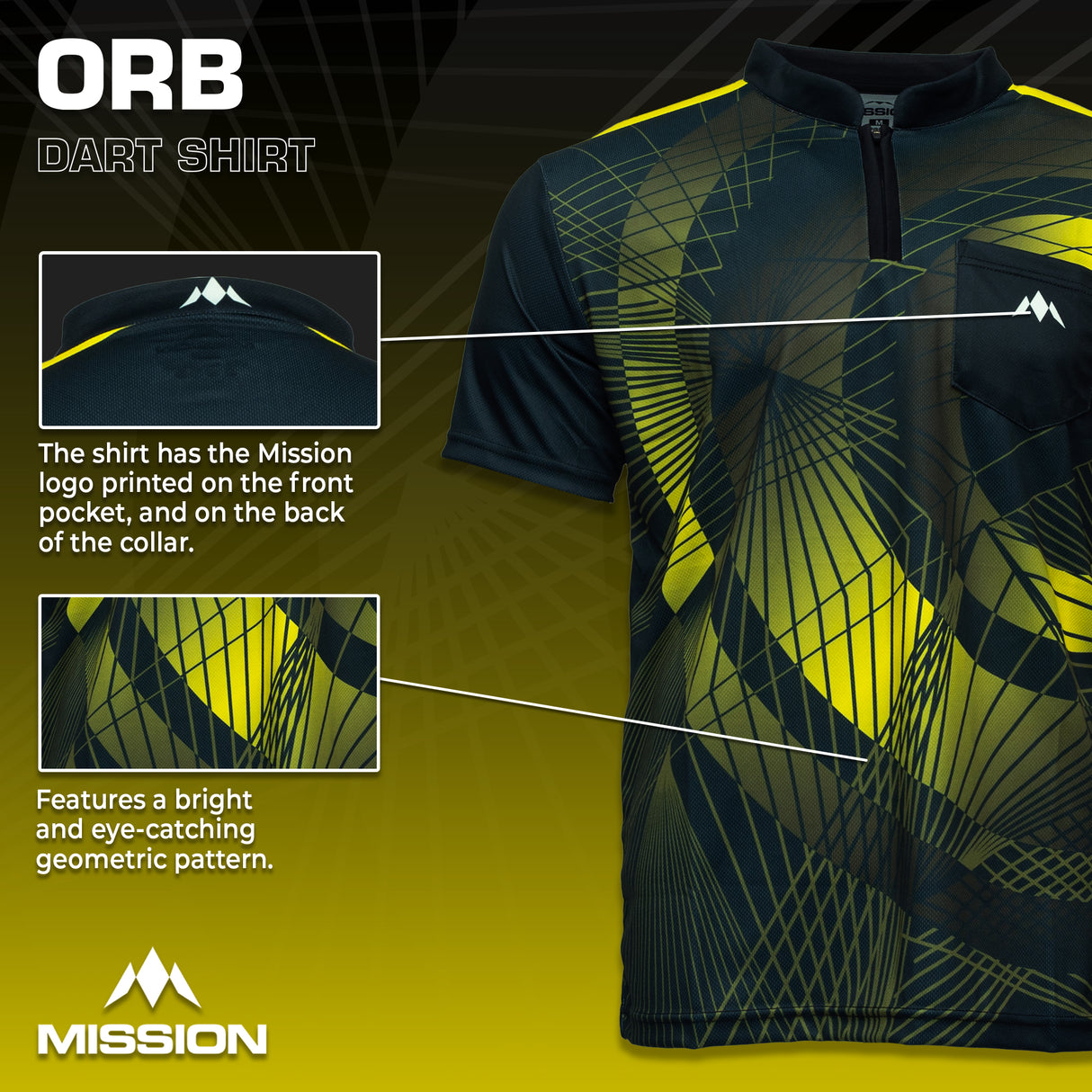 Mission Darts Orb Dart-Shirt – Kragenlos – Leicht – Schwarz & Gelb – Jugendliche