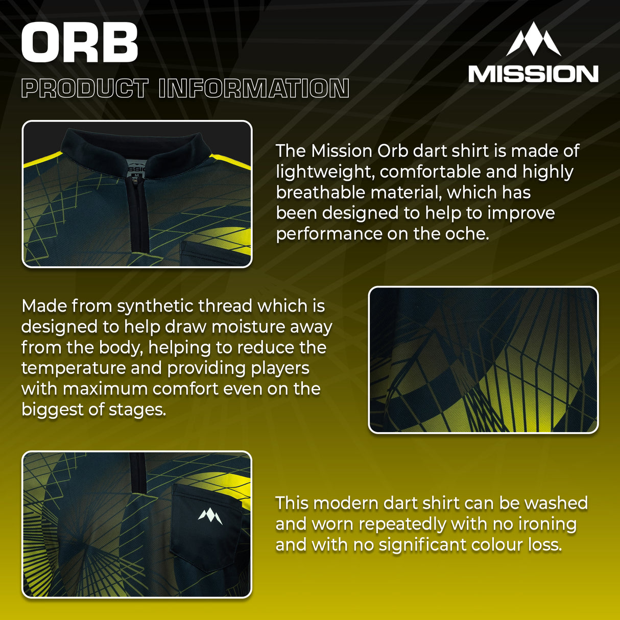 Mission Darts Orb Dart Shirt – Kragenlos – Leicht – Schwarz & Gelb