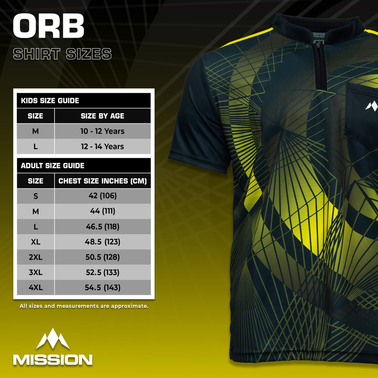 Mission Darts Orb Dart-Shirt – Kragenlos – Leicht – Schwarz & Gelb – Jugendliche