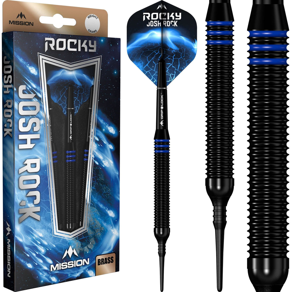 *Mission Josh Rock Darts - Soft Tip - Brass - Rocky - Black & Blue 18g