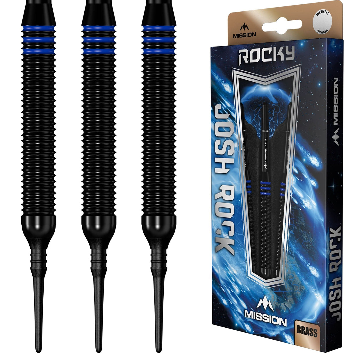 *Mission Josh Rock Darts - Soft Tip - Brass - Rocky - Black & Blue 18g