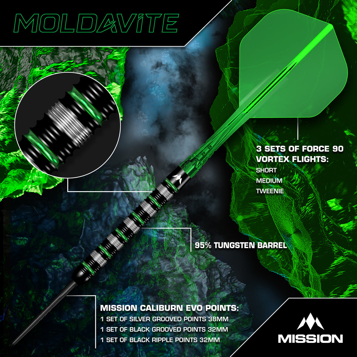 Mission Moldavite Darts - Stahlspitze - 95% Tungsten - Schwarz & Grün