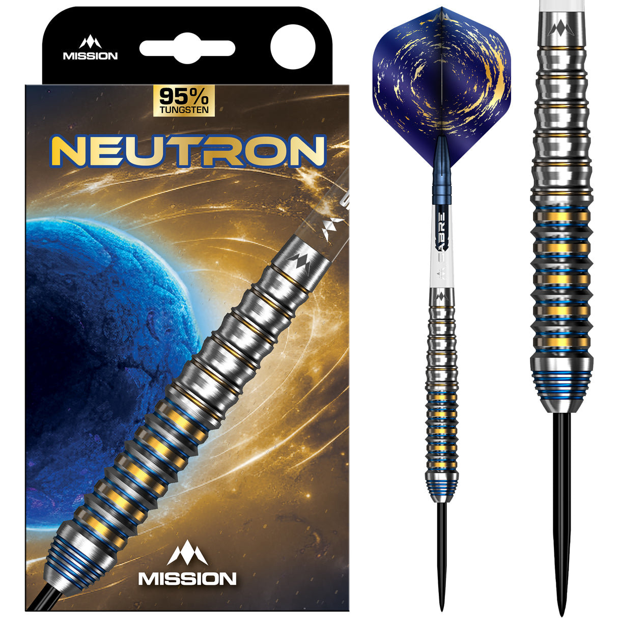 Mission Neutron Darts - Stahlspitze - 95% Tungsten - Blau & Gold PVD