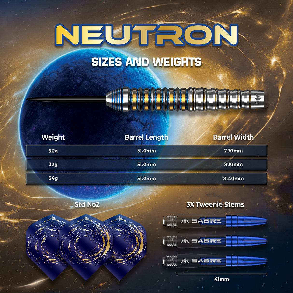 Mission Neutron Darts - Stahlspitze - 95% Tungsten - Blau & Gold PVD