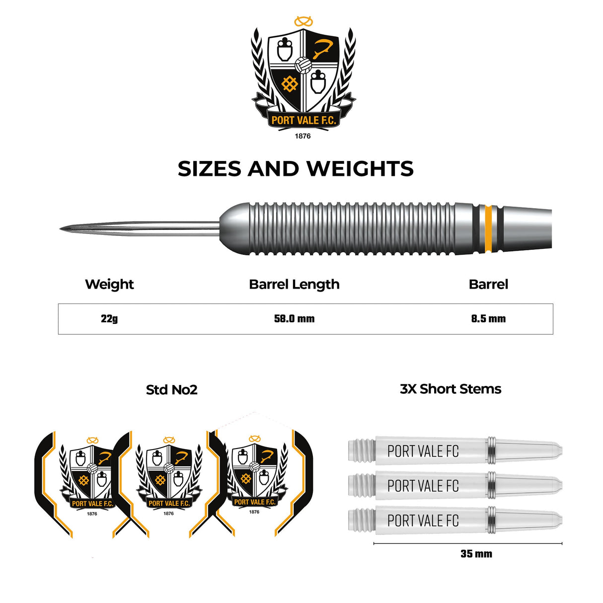 Port Vale FC – Offiziell lizenziert – The Valiants – Steeldarts – Messing – 22 g