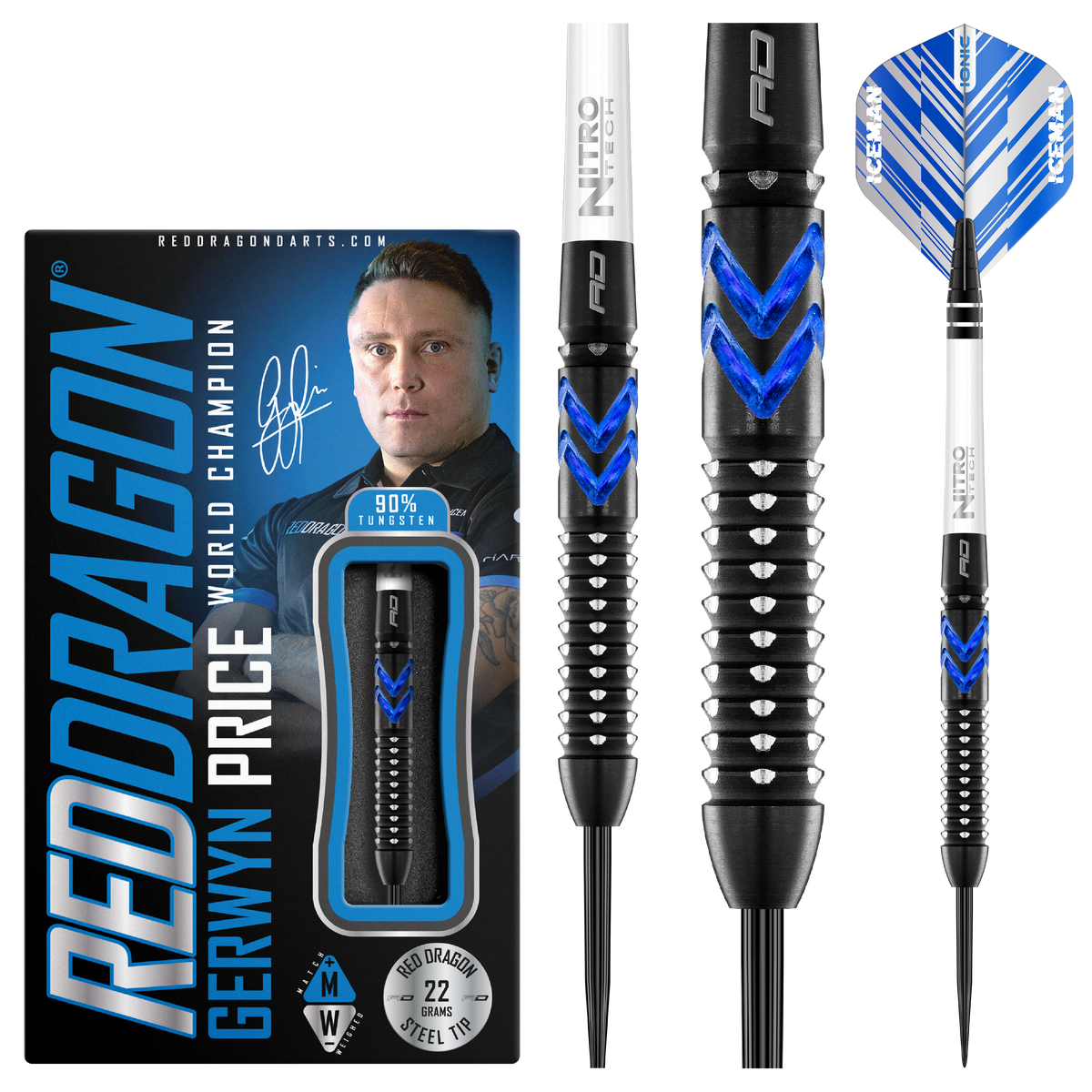 Red Dragon Gerwyn Price Darts - Stahlspitze - 90% Tungsten - Eisblau