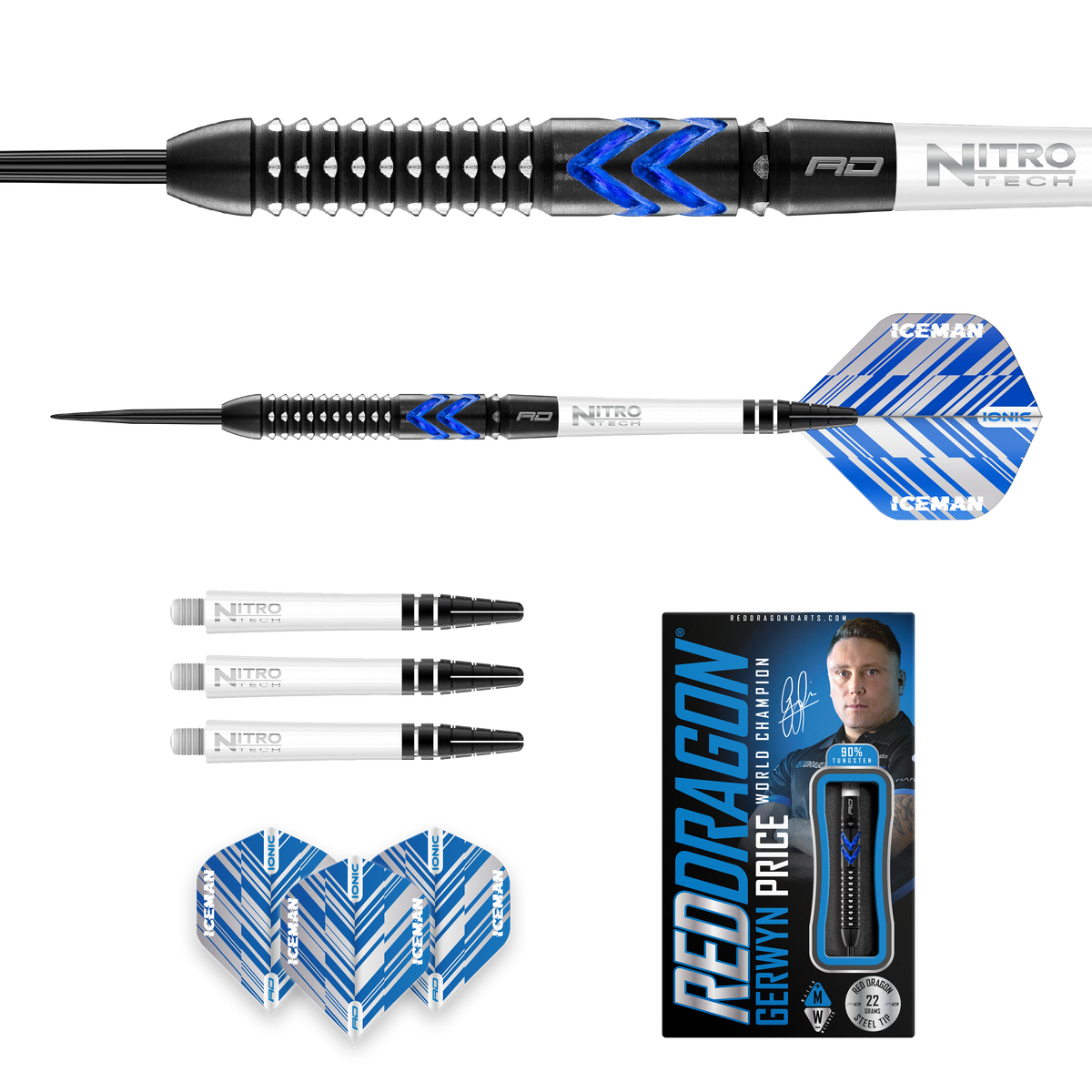 Red Dragon Gerwyn Price Darts - Stahlspitze - 90% Tungsten - Eisblau