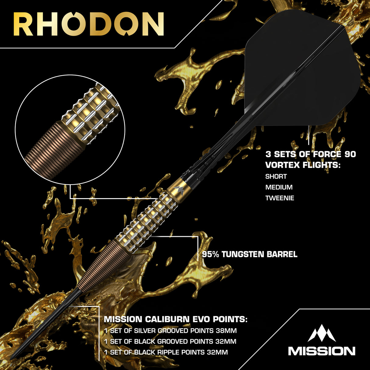 Mission Rhodon Darts - Stahlspitze - 95% Tungsten - Bronze & Gold PVD