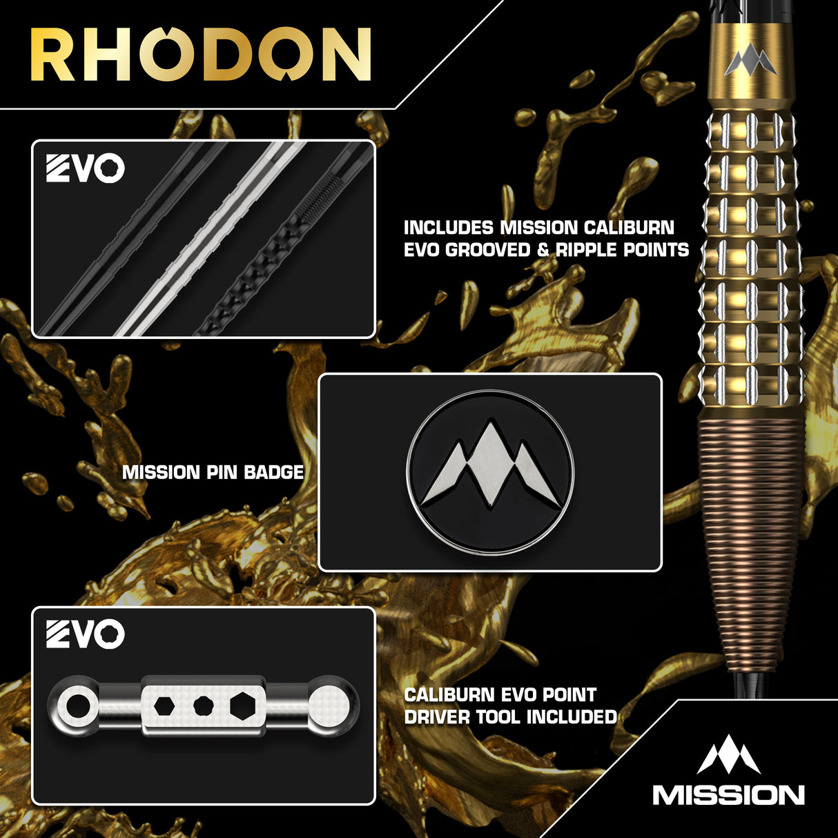 Mission Rhodon Darts - Stahlspitze - 95% Tungsten - Bronze & Gold PVD
