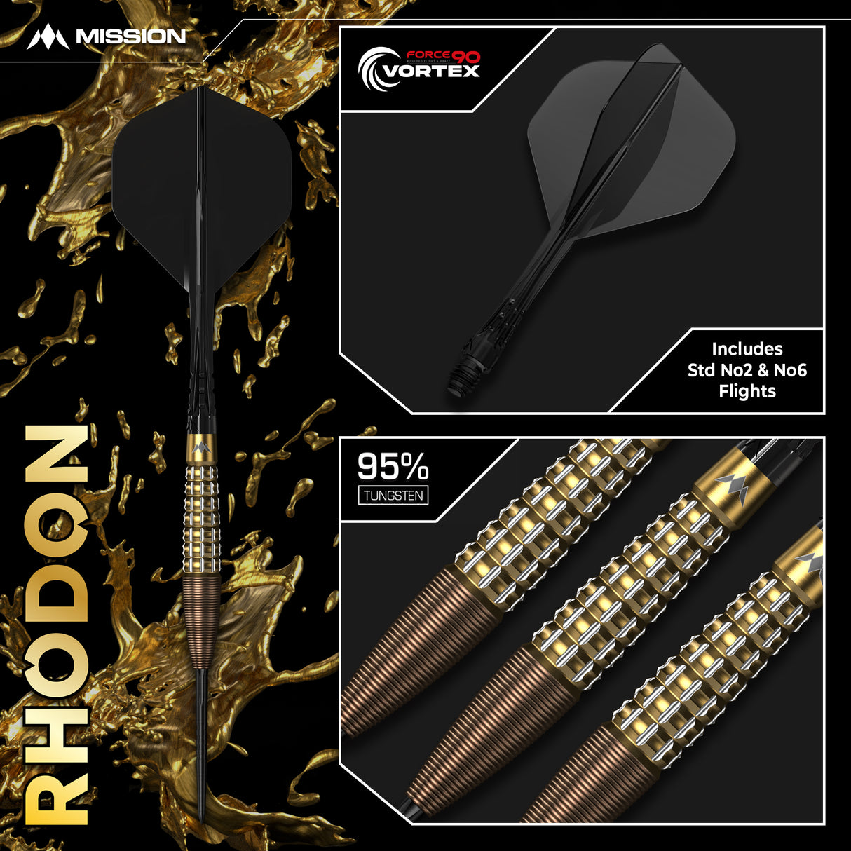 Mission Rhodon Darts - Stahlspitze - 95% Tungsten - Bronze & Gold PVD