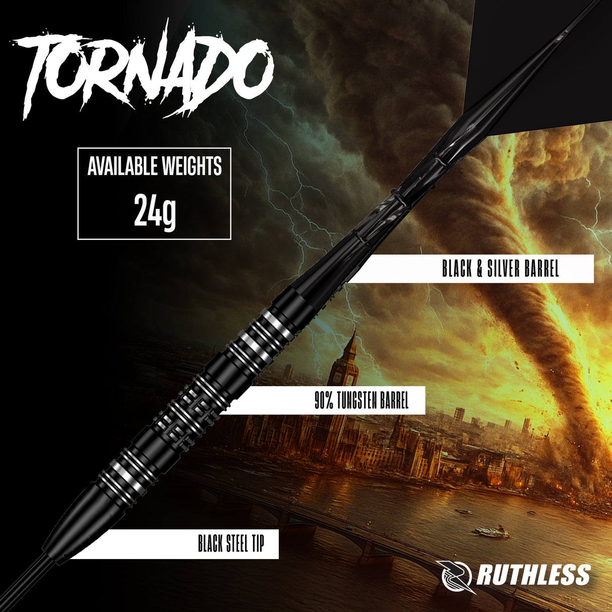Ruthless Tornado Darts - 24g Steel Tip - 90% Tungsten