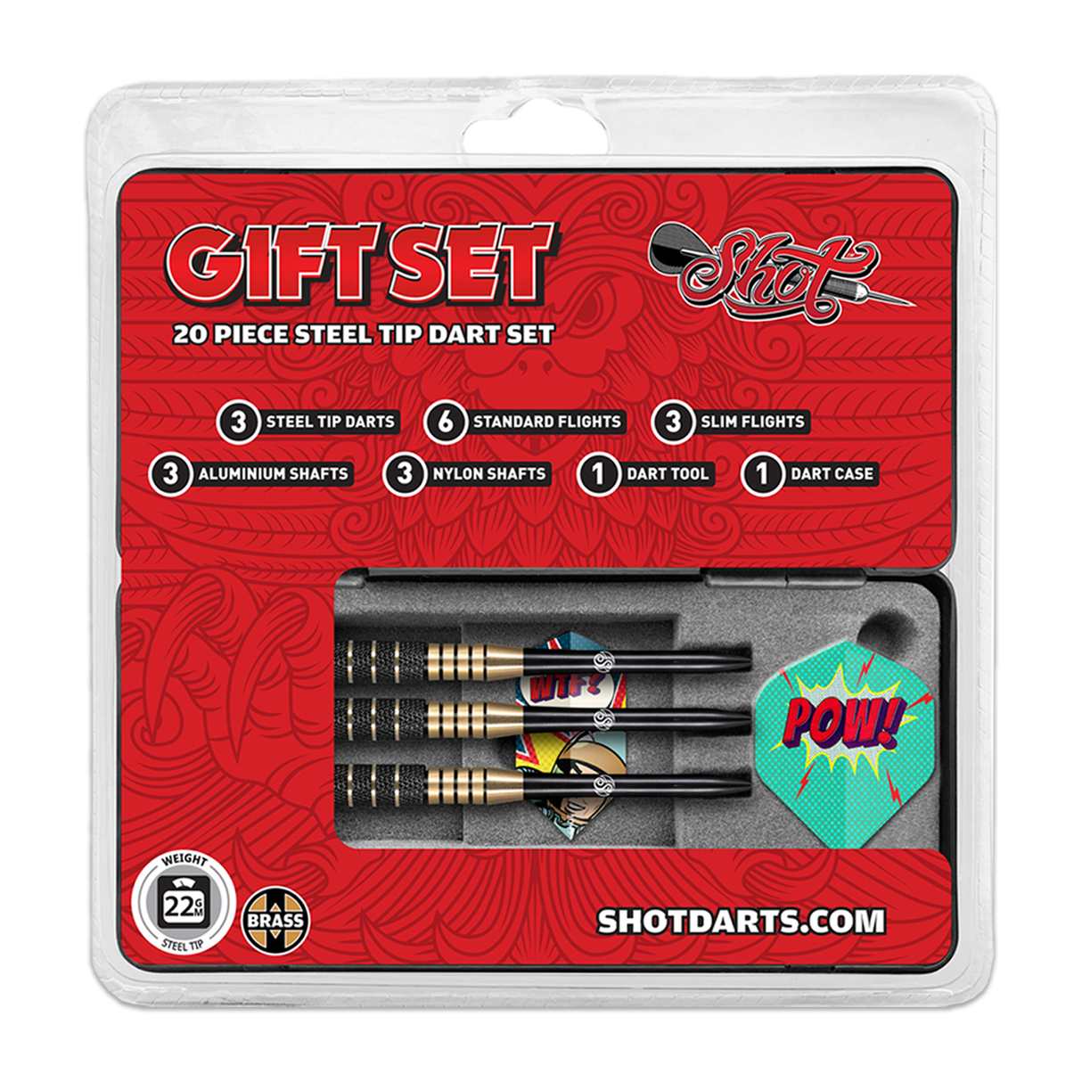 Shot Stahlspitze Geschenkset - Darts, Flights, Schäfte & Case - 24g