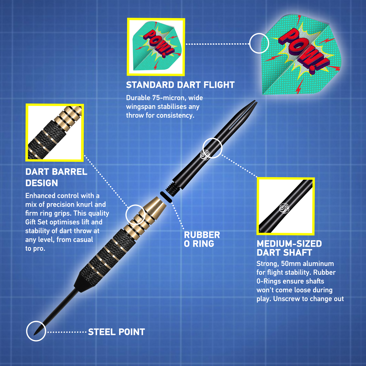 Shot Stahlspitze Geschenkset - Darts, Flights, Schäfte & Case - 24g