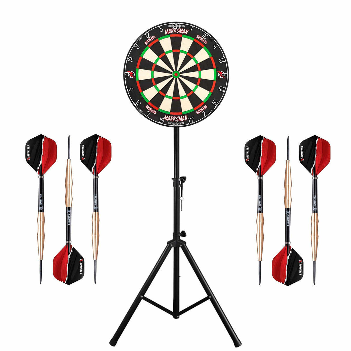 Ruthless Marksman Dartboard & Stand Set - Dart Board, Stand & 2 sets of Brass Darts