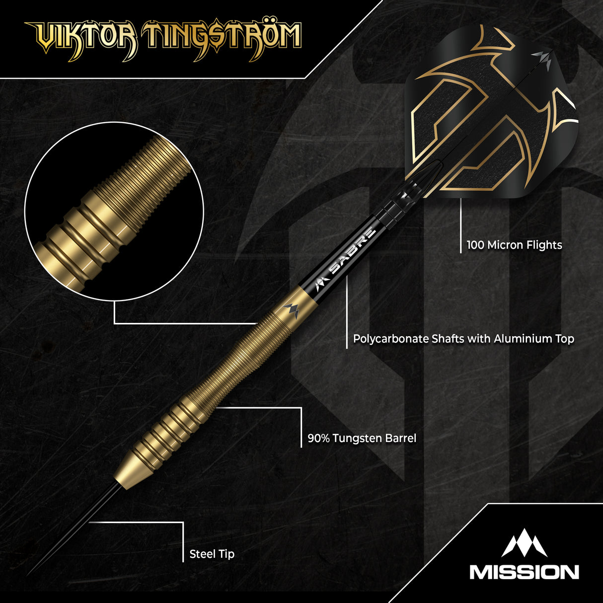 Mission Viktor Tingstrom Darts - Stahlspitze - 90% Tungsten - Gold
