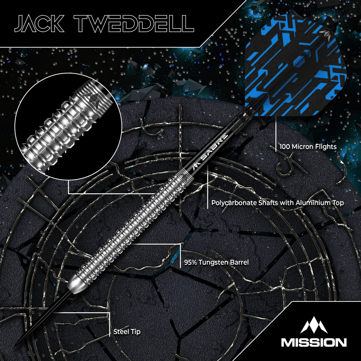 Mission Jack Tweddell Darts - Stahlspitze - 95% Tungsten - Silber