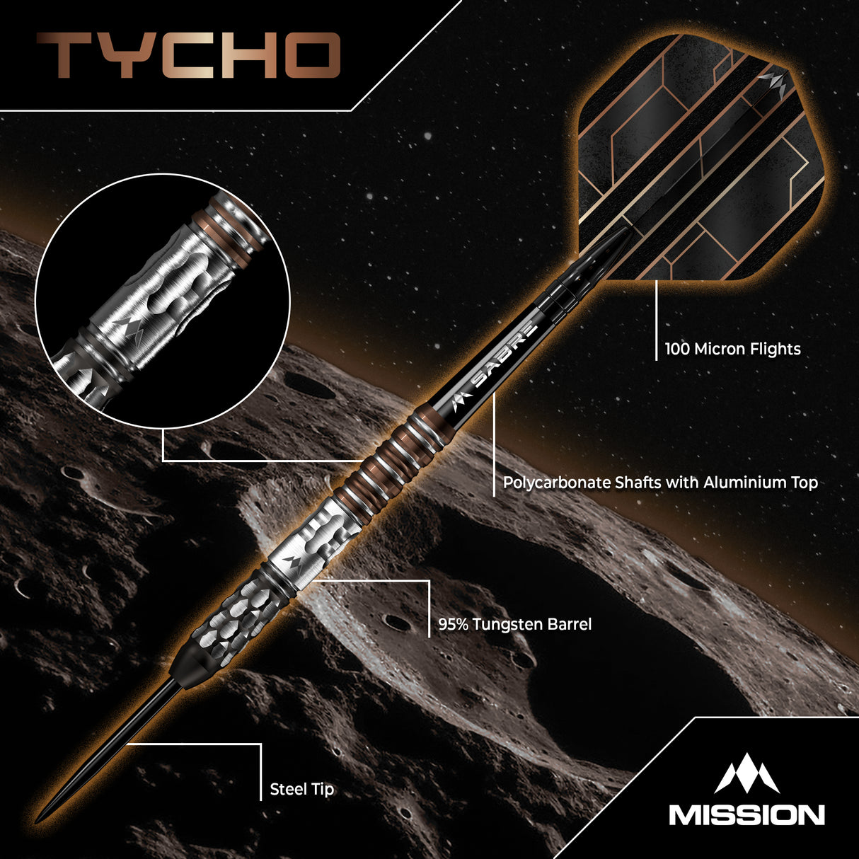 Mission Tycho Darts - Stahlspitze - 95% Tungsten - Schwarz & Bronze PVD