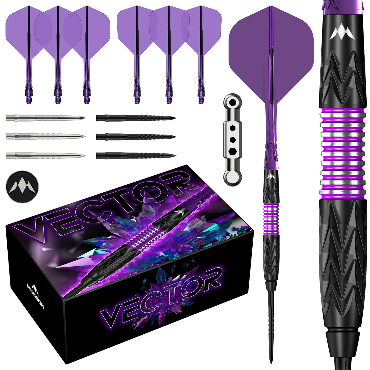 Mission Vector Darts - Stahlspitze - 95% Tungsten - Schwarz PVD & Lila Elektro