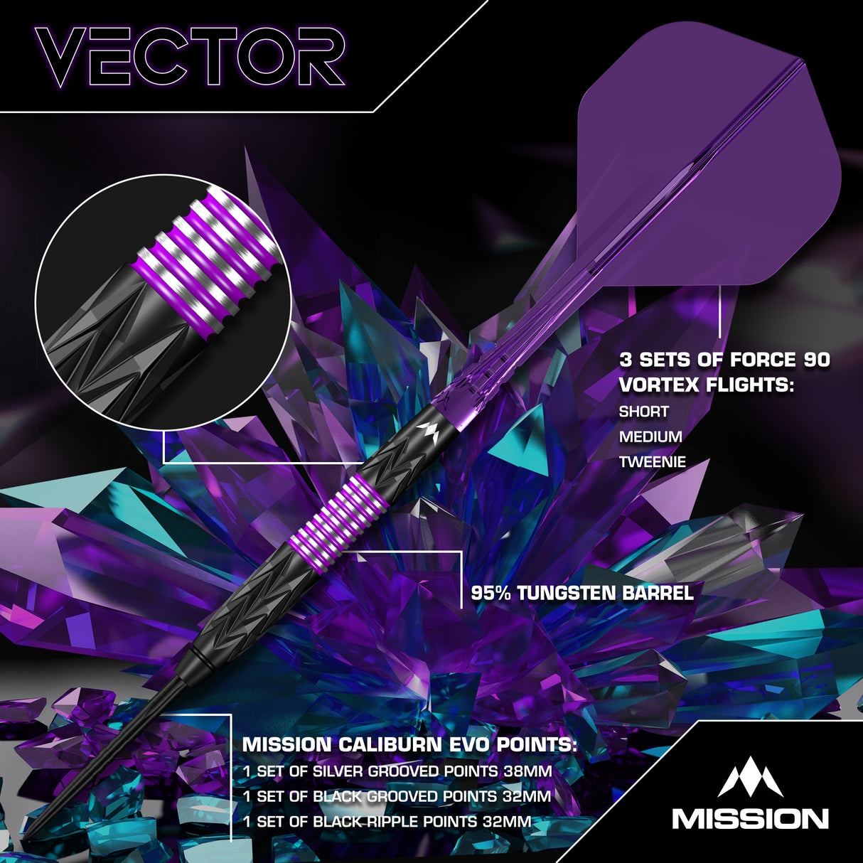 Mission Vector Darts - Stahlspitze - 95% Tungsten - Schwarz PVD & Lila Elektro