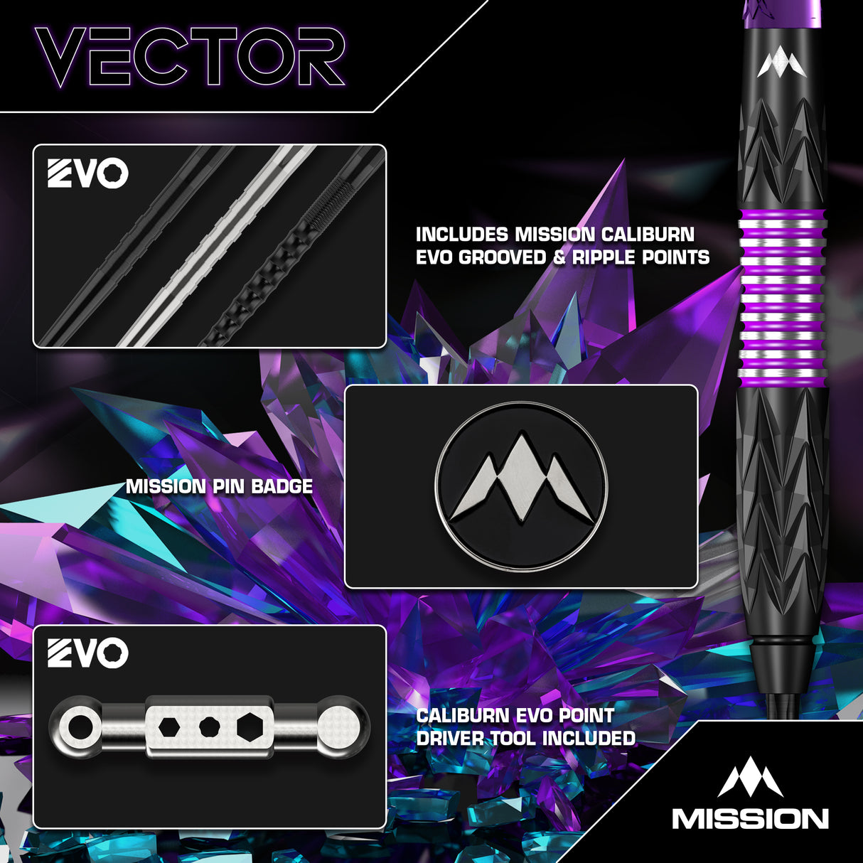 Mission Vector Darts - Stahlspitze - 95% Tungsten - Schwarz PVD & Lila Elektro