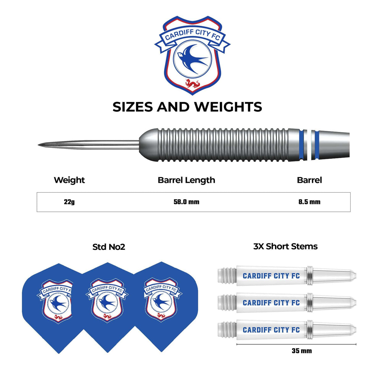 Cardiff City FC - Official Licensed - Steel Tip Darts - Brass - 22g 22g