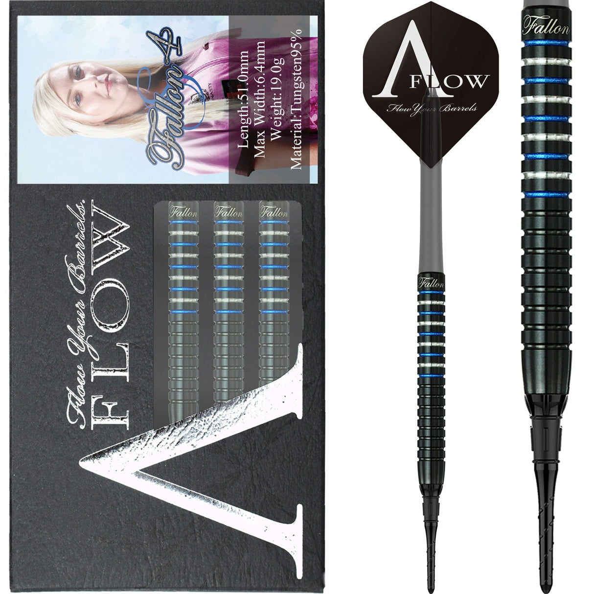 *Dynasty - A Flow - Soft Tip Darts - Black Line - Fallon Sherrock - Blue Ring - Fallon 4S - 19g 19g