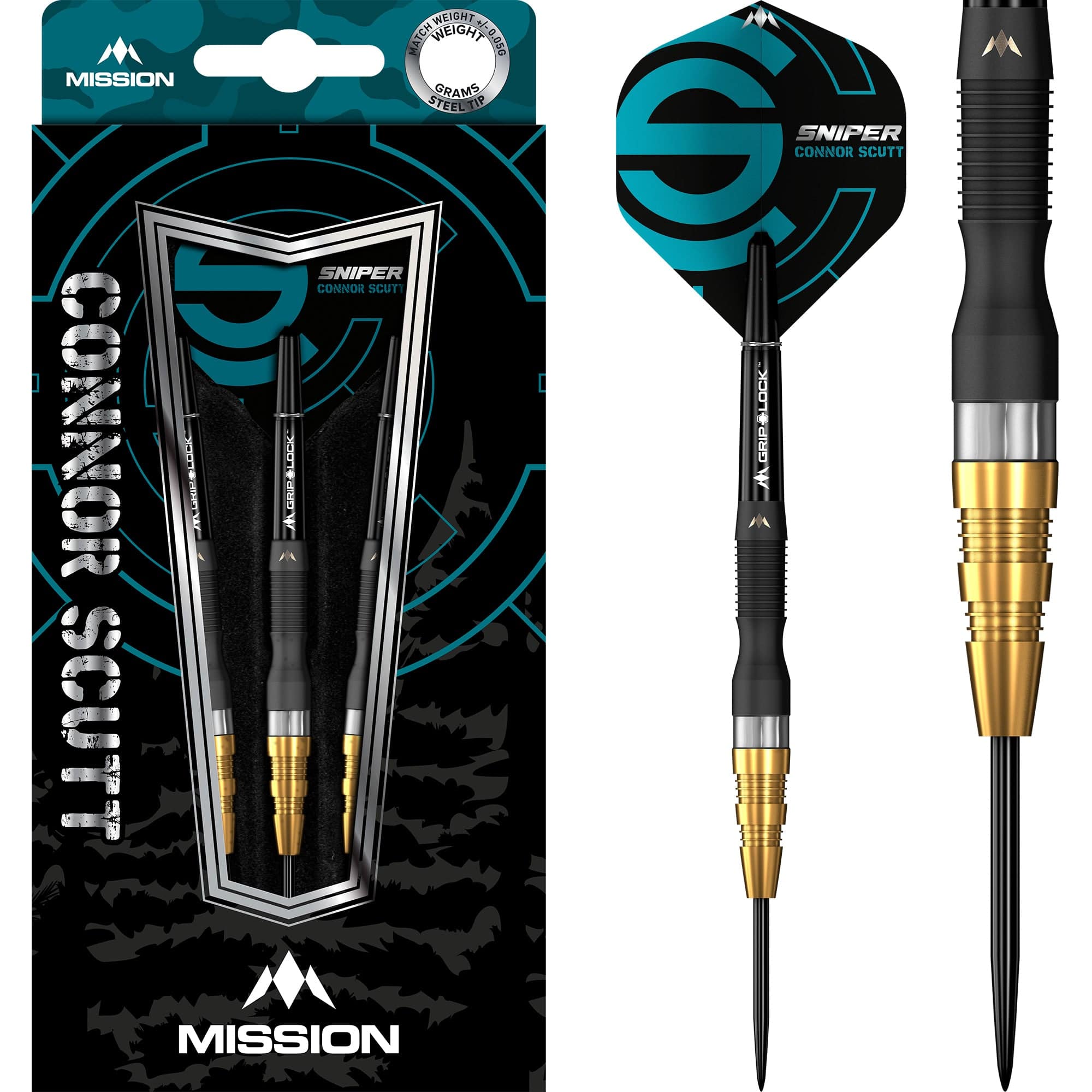 Mission Connor Scutt Darts – Stahlspitze – Sniper – Schwarz & Gold