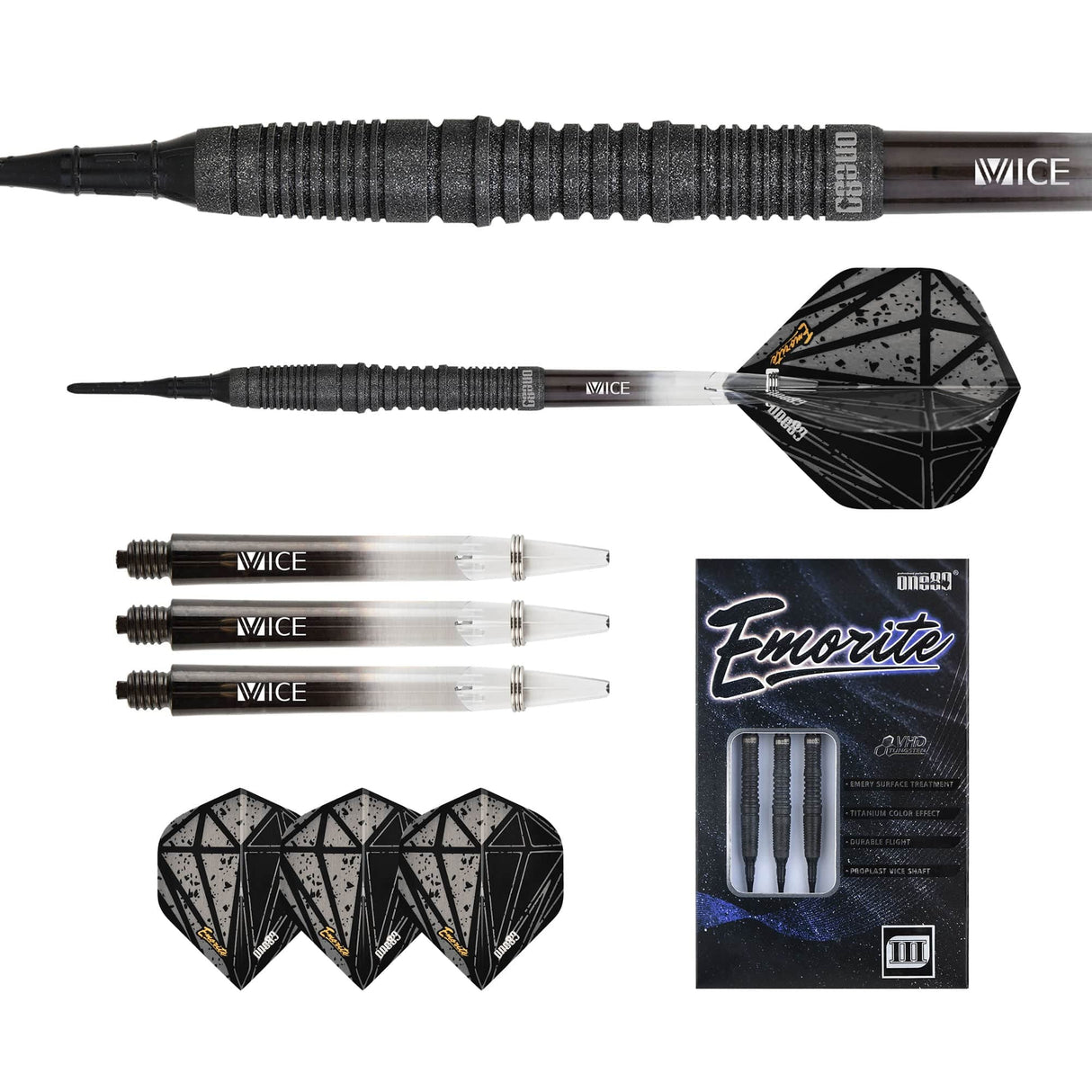 One80 Emorite 03 Darts - Soft Tip - 90% Tungsten - Black 20g