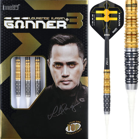 One80 Gunner III Darts - Soft Tip - Lourence Ilagan - Black & Gold 18g