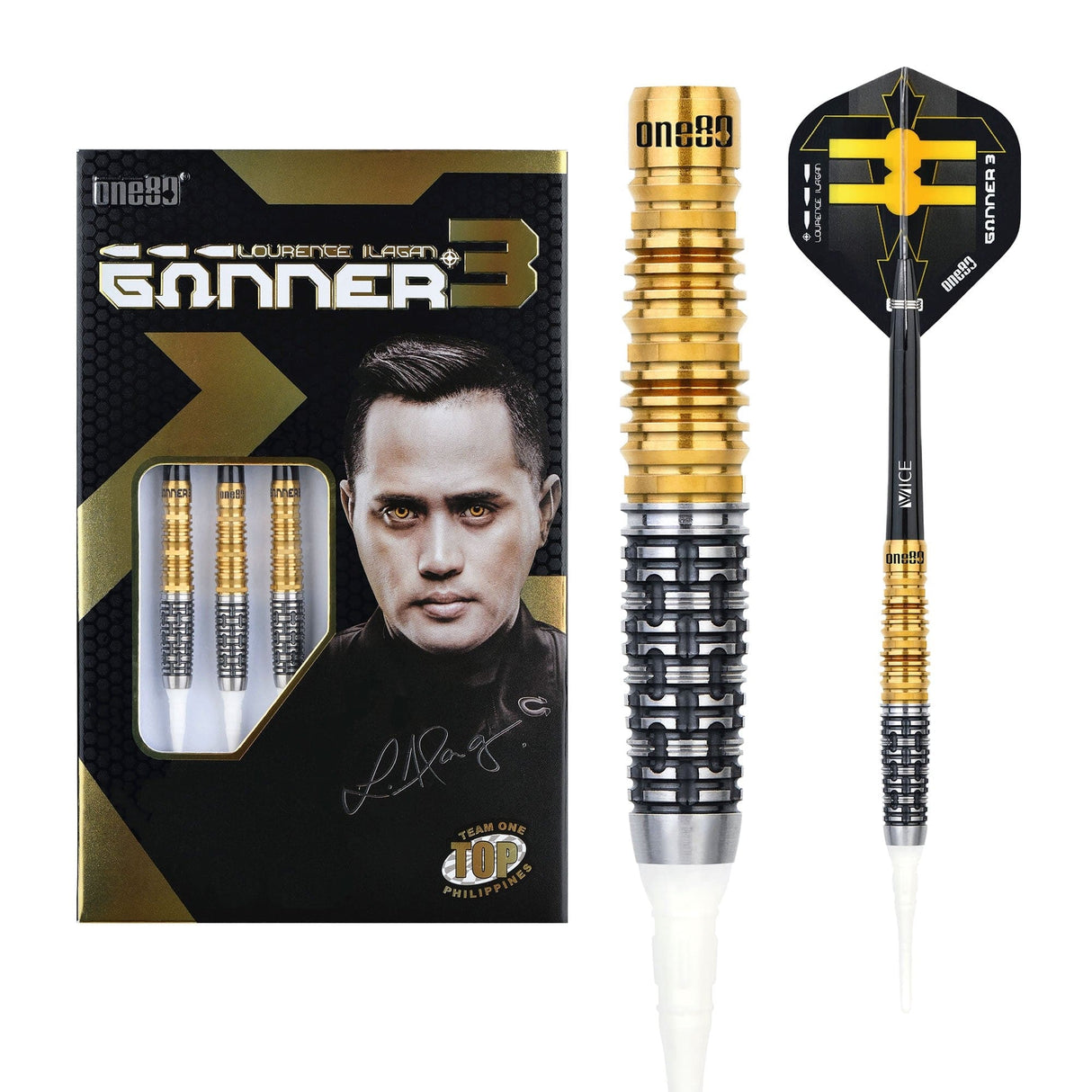 One80 Gunner III Darts - Soft Tip - Lourence Ilagan - Black & Gold 18g
