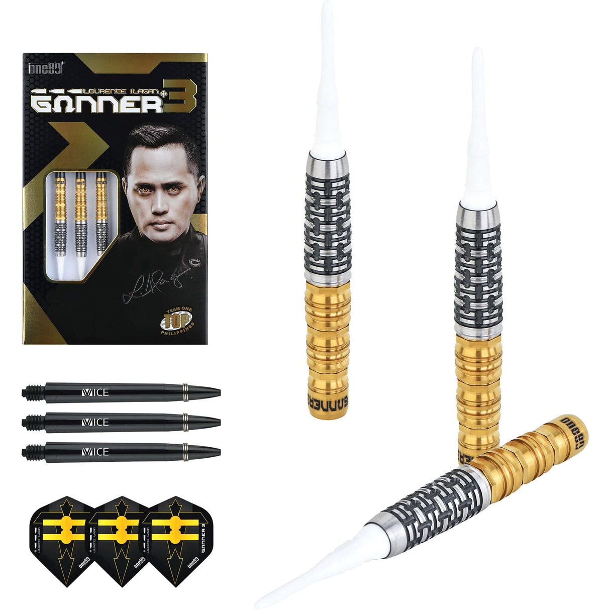 One80 Gunner III Darts - Soft Tip - Lourence Ilagan - Black & Gold 18g