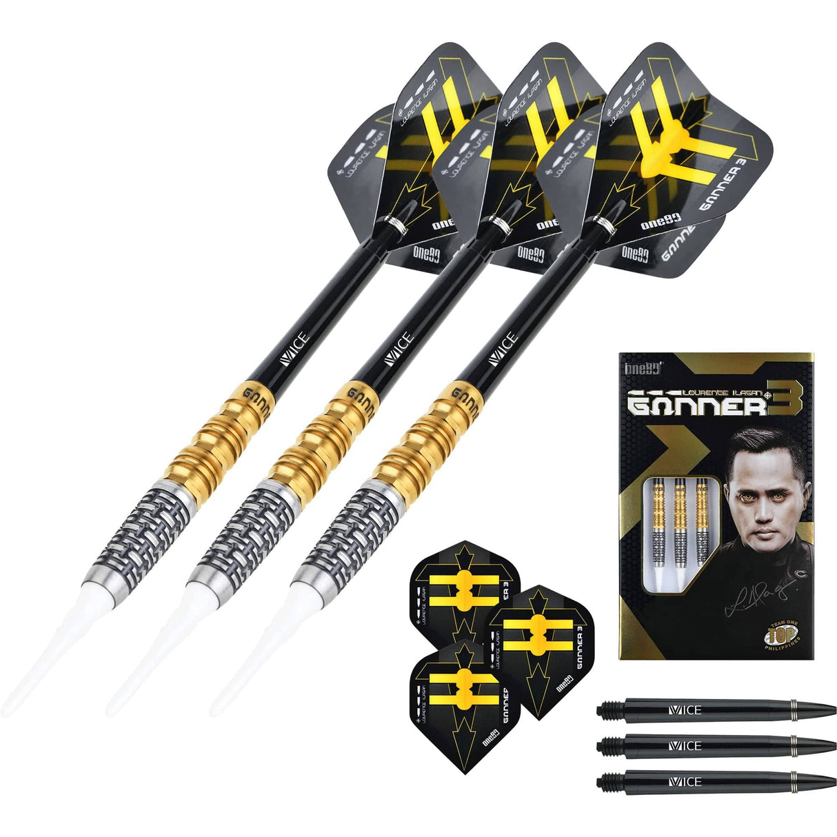 One80 Gunner III Darts - Soft Tip - Lourence Ilagan - Black & Gold 18g
