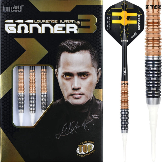 One80 Gunner III Darts - Soft Tip - Lourence Ilagan - Black & Rose Gold 20g
