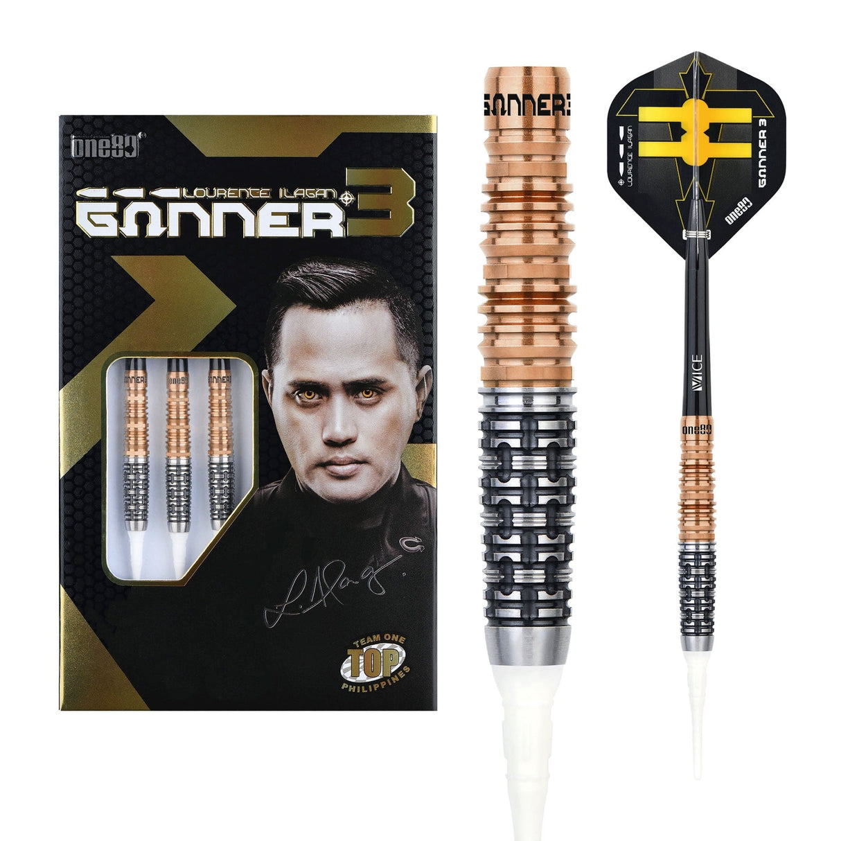 One80 Gunner III Darts - Soft Tip - Lourence Ilagan - Black & Rose Gold 20g
