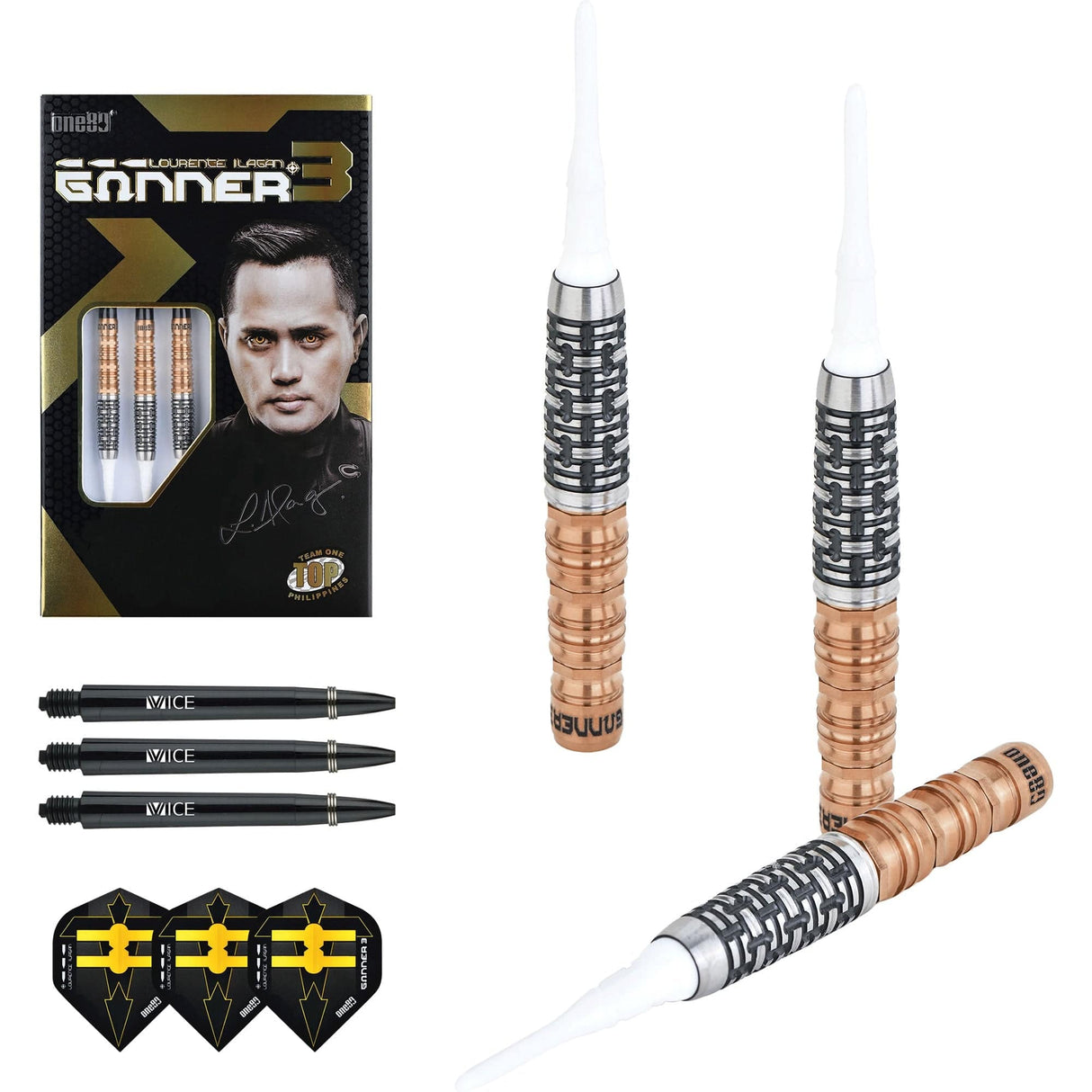 One80 Gunner III Darts - Soft Tip - Lourence Ilagan - Black & Rose Gold 20g