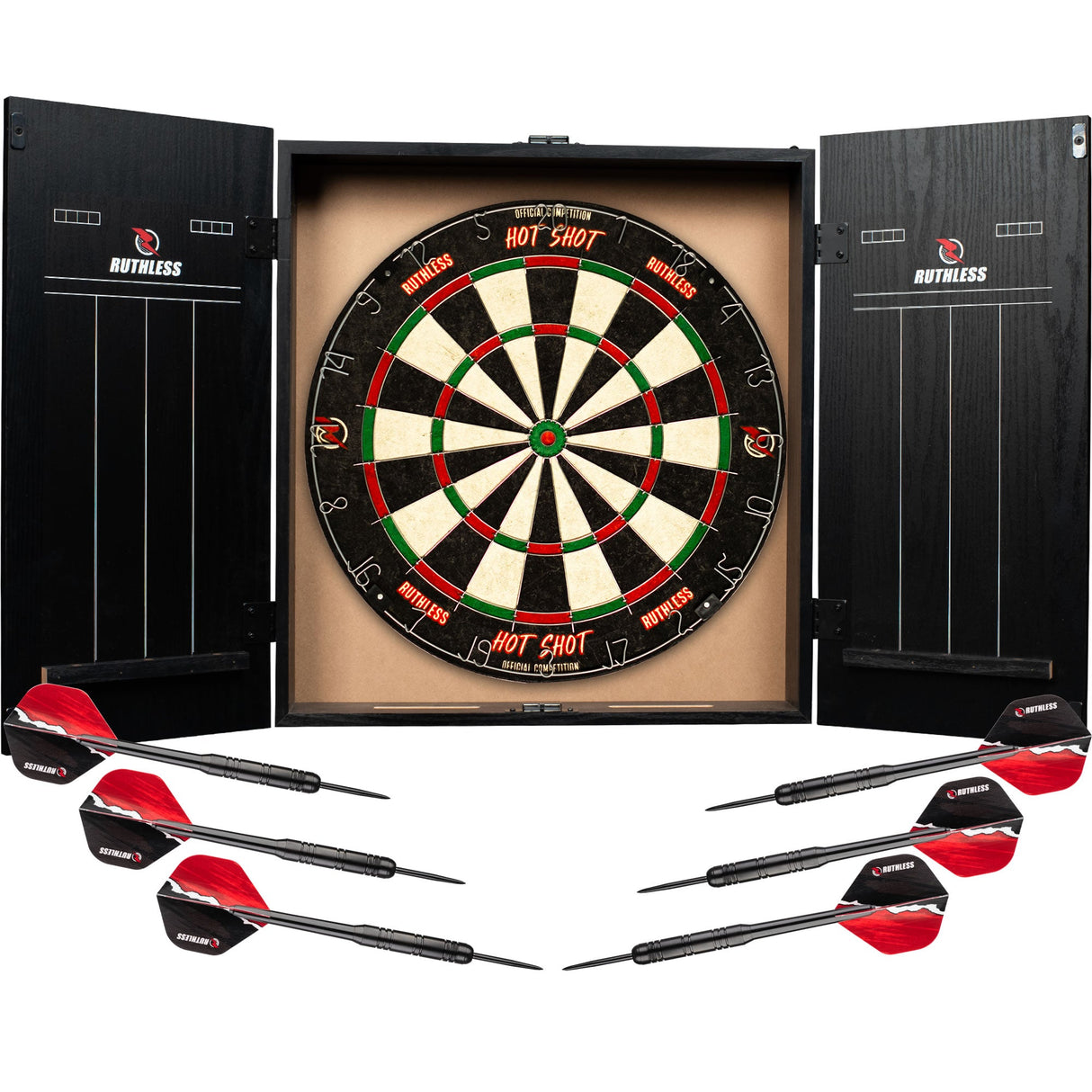 Ruthless HotShot Home Darts Centre – HDC – inkl. Dartscheibe, Schrank, 2 Dart-Sets