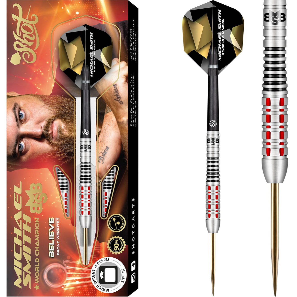 Shot Michael Smith Darts – Stahlspitze Tungsten – vorne beschwert – Bully Boy – Believe