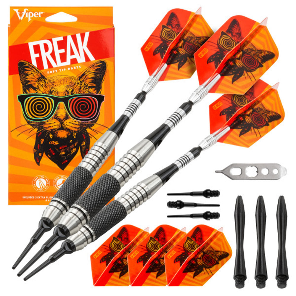 Viper The Freak Darts – Soft Tip – Neusilber – mit Spinster-Schäften – F3 – Schwarze Rändelung
